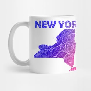 Colorful mandala art map of New York with text in blue and violet Mug